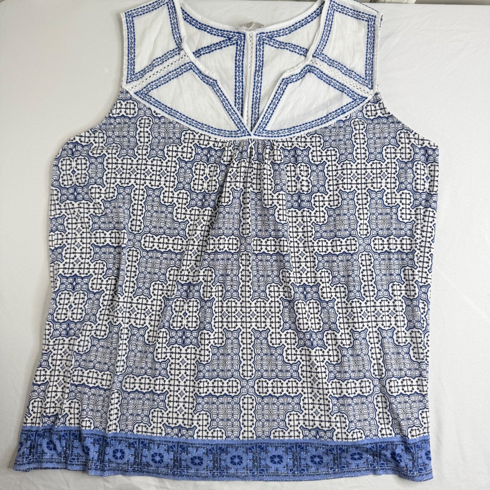 Eliane Rose Womens 2X Blue White Embroidered Geometric Tile Print Sleeveless Top